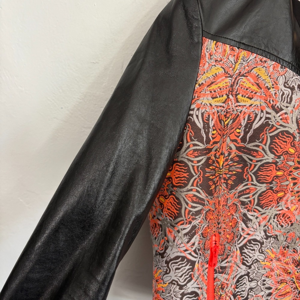 Helmut Lang Lamb Leather Jacket Women Size 2 Black Neon Jacquard - Picture 4 of 11